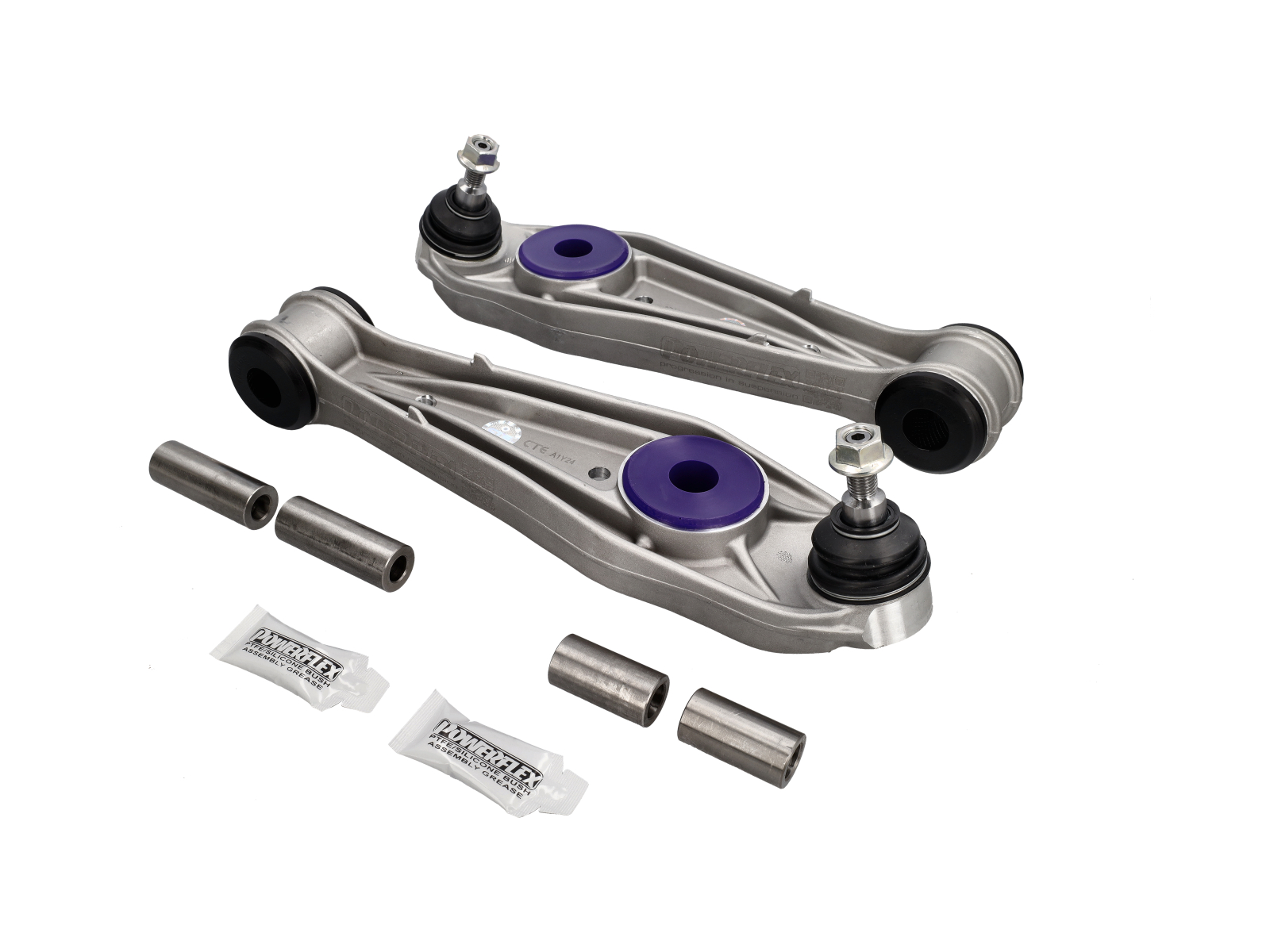 Track control arm and bush kit uses a Black 95A inner bush and Purple 80A outer bush,