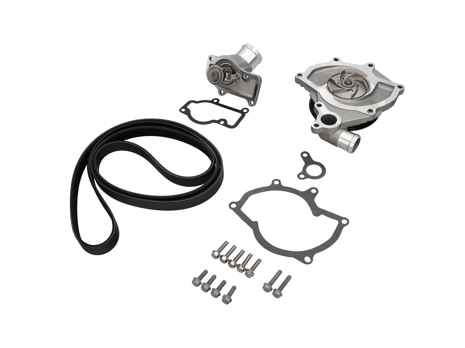 Water pump kit with belt and thermostat.